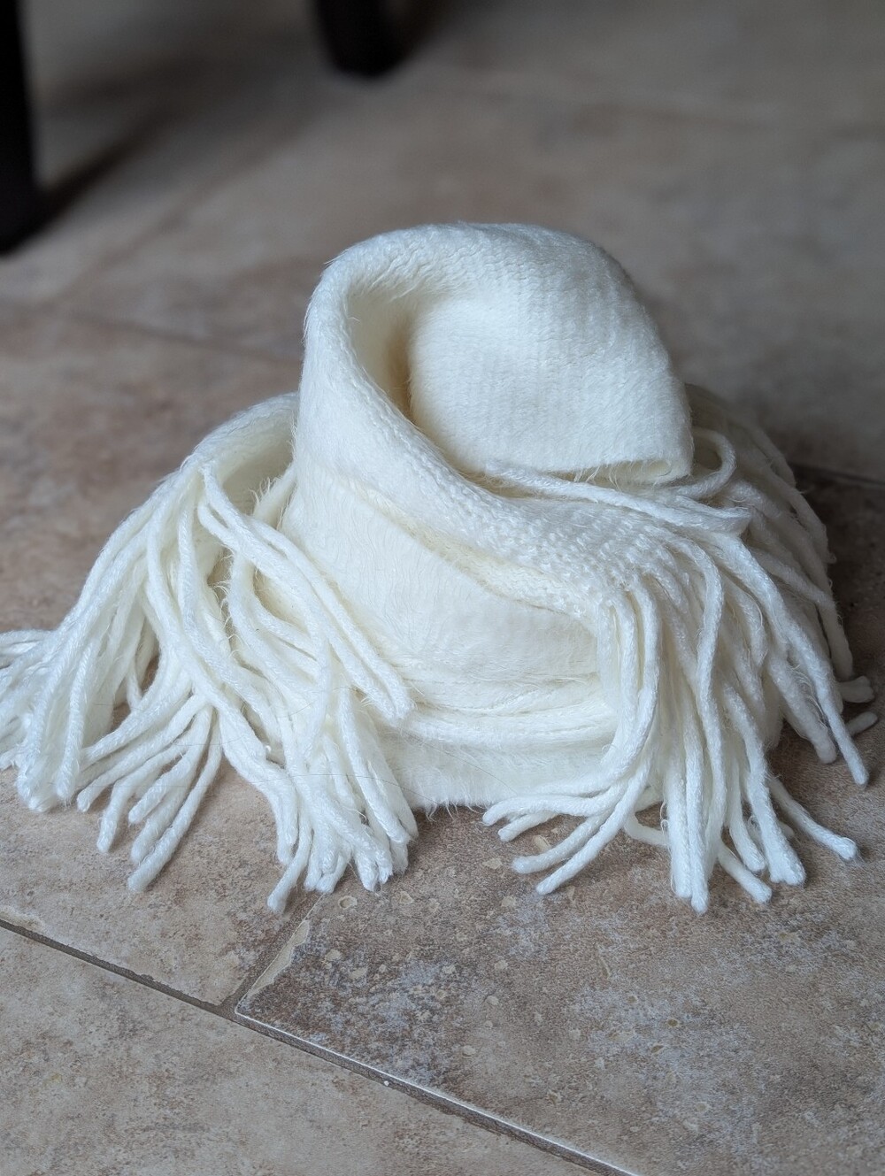 Very Soft White Scarf With Fringed Edges